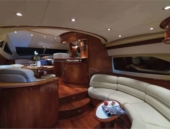 Aicon Fly salon with cream seating and wood finishes