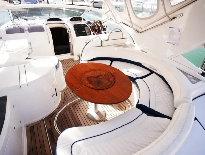 Fairline 43 open-air cockpit seating and table