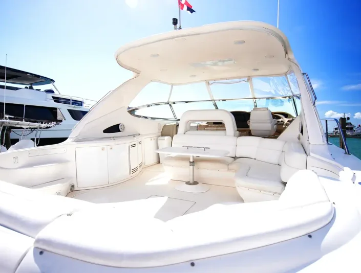 Sea Ray 54 cockpit seating beneath the canopy
