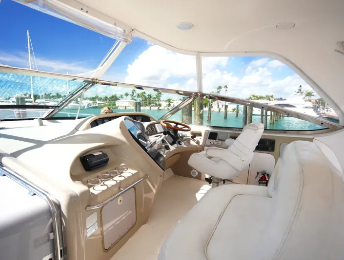 Sea Ray 54 helm and covered cockpit seating