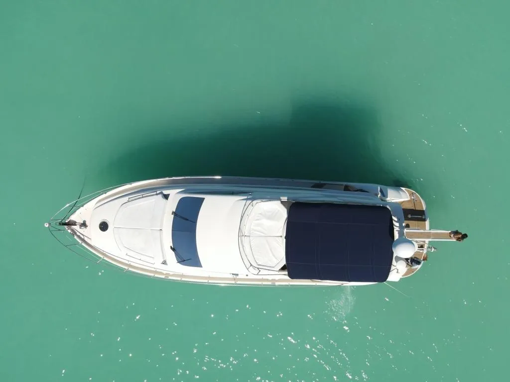 Overhead view of the yacht's foredeck and flybridge
