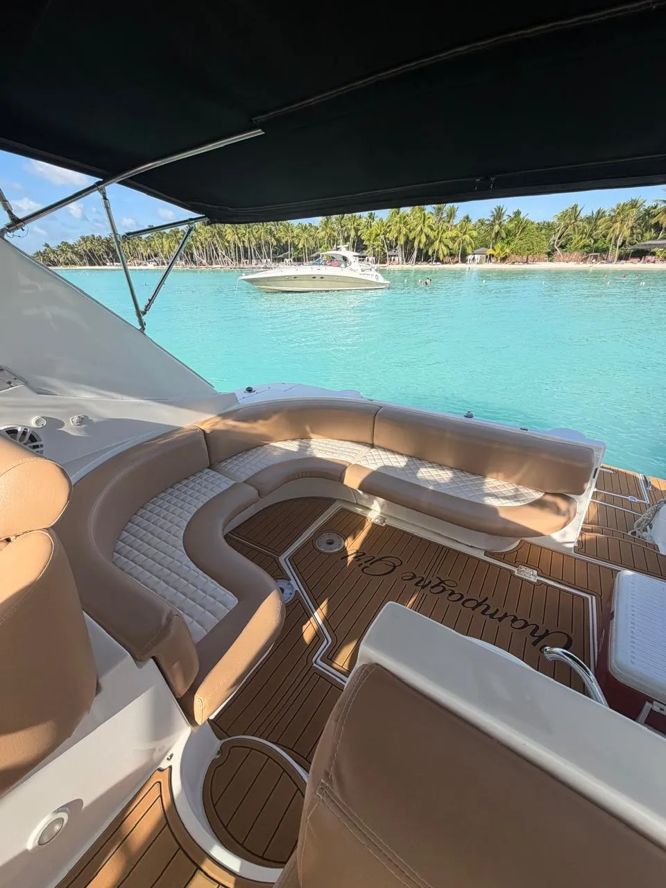 Champagne Girl curved deck seating overlooking the sea