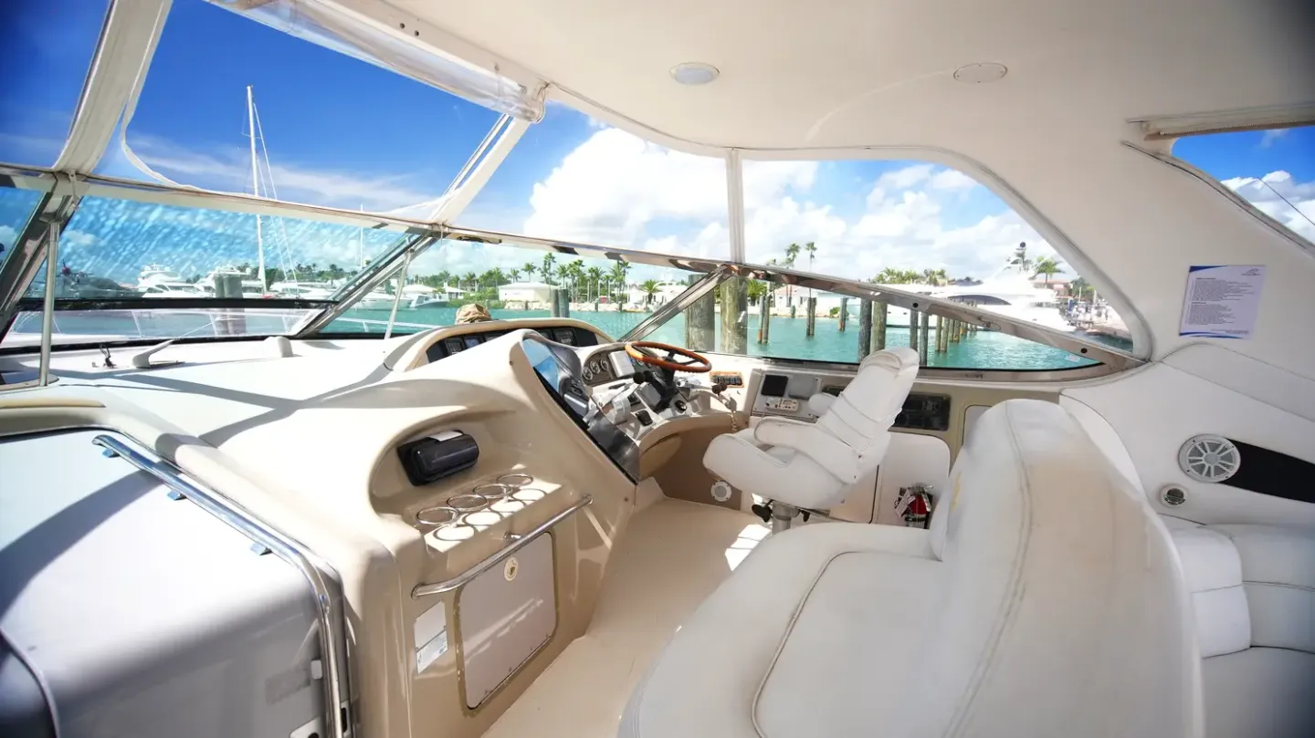 Sea Ray 54 helm and covered cockpit seating