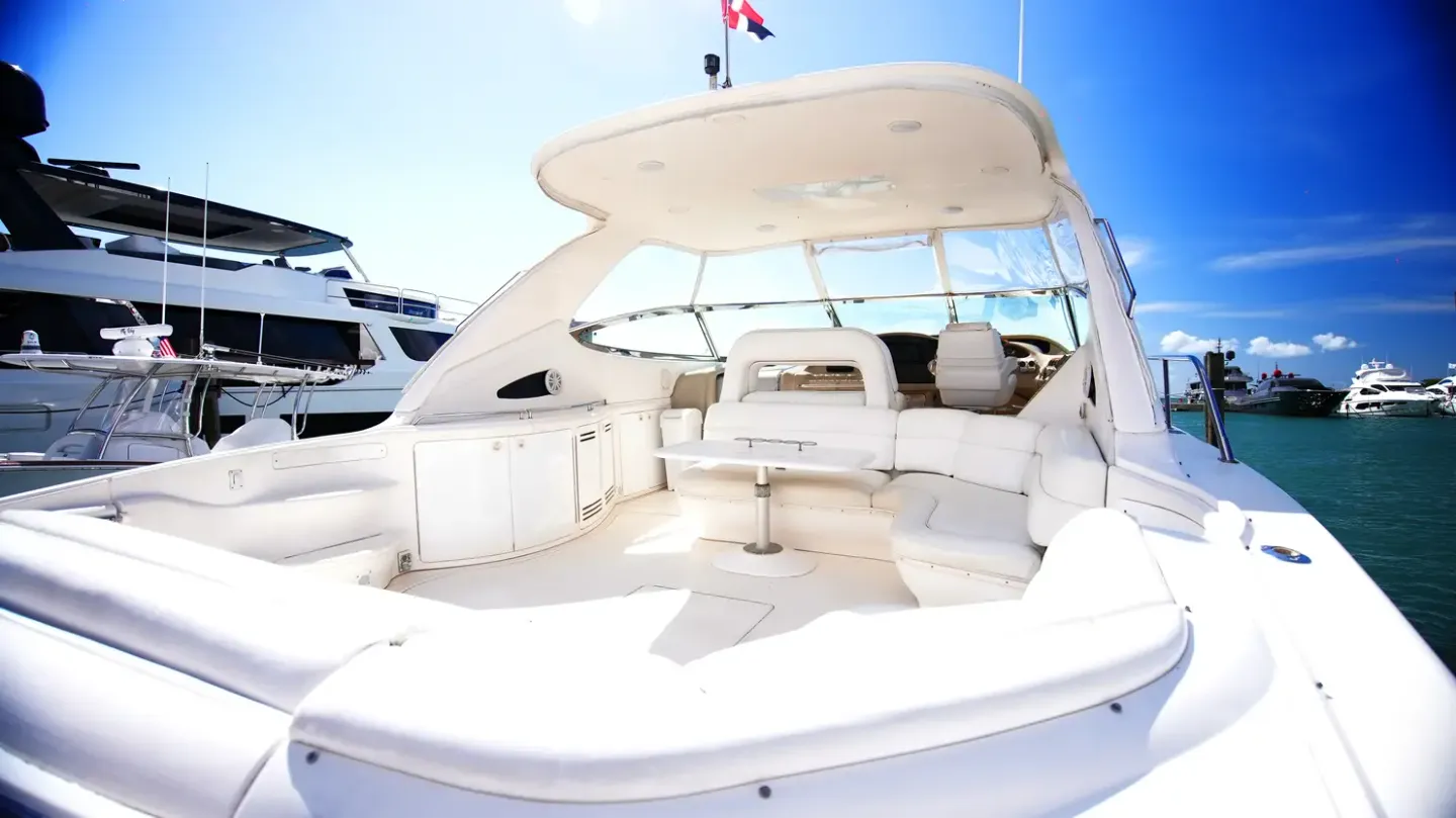 Sea Ray 54 cockpit seating beneath the canopy
