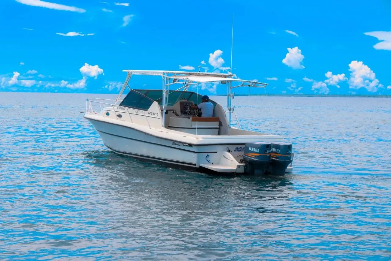 Scorpio 36 stern and shaded cockpit on the water