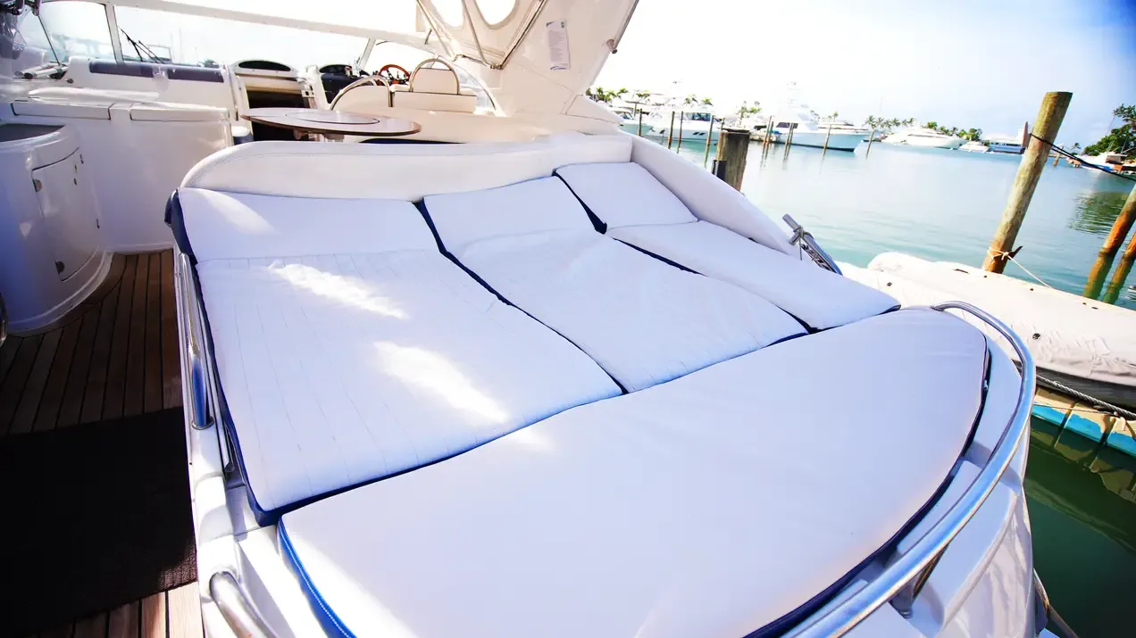 Fairline 43 upholstered sunbeds on deck