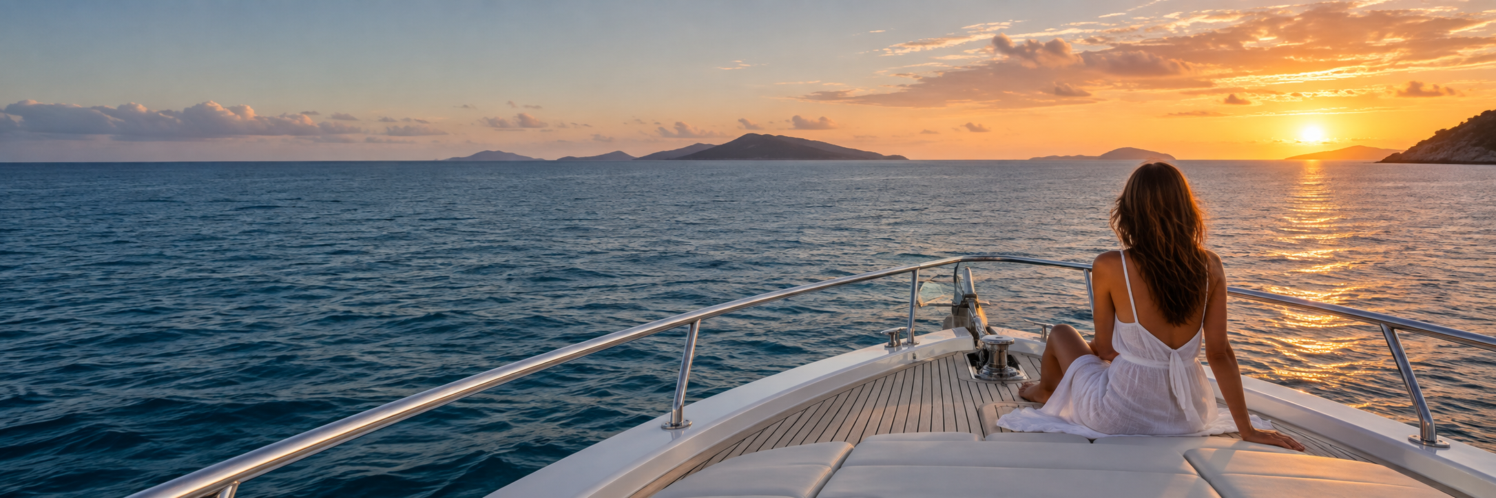 Un tranquilo atardecer caribeño desde la proa de un yate privado
