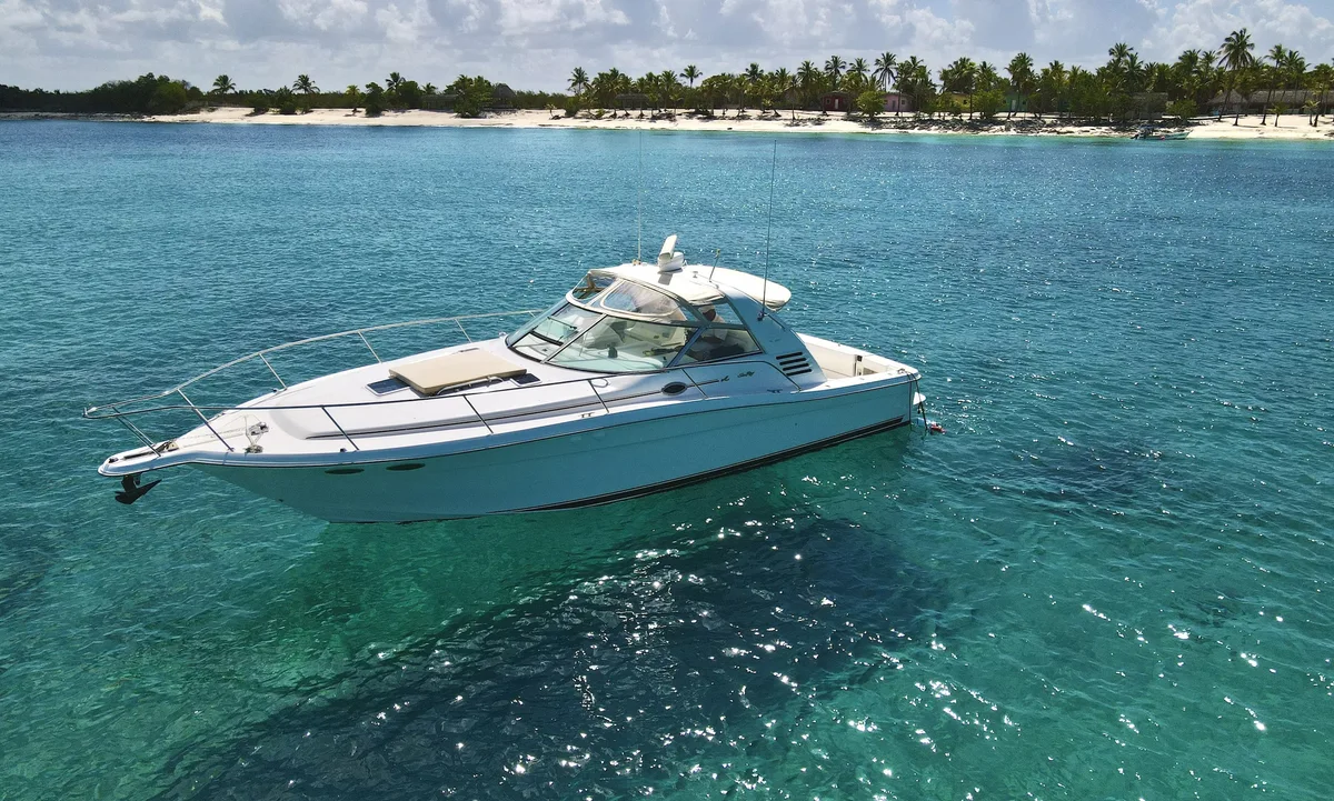 Vixen 40 en aguas cristalinas junto a una costa con palmeras