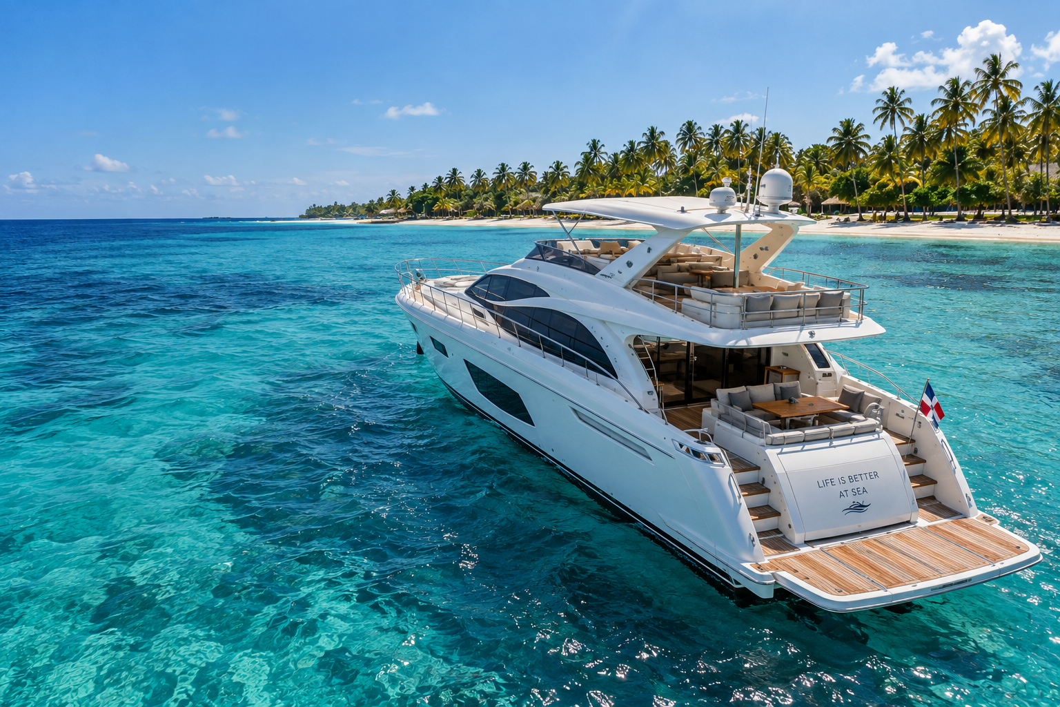 Yate de motor blanco fondeado en aguas cristalinas del Caribe junto a una playa con palmeras